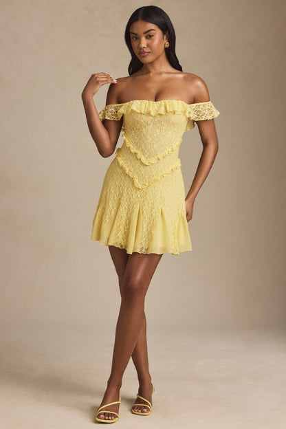 Off-Shoulder Lace A-Line Mini Dress in Pastel Yellow