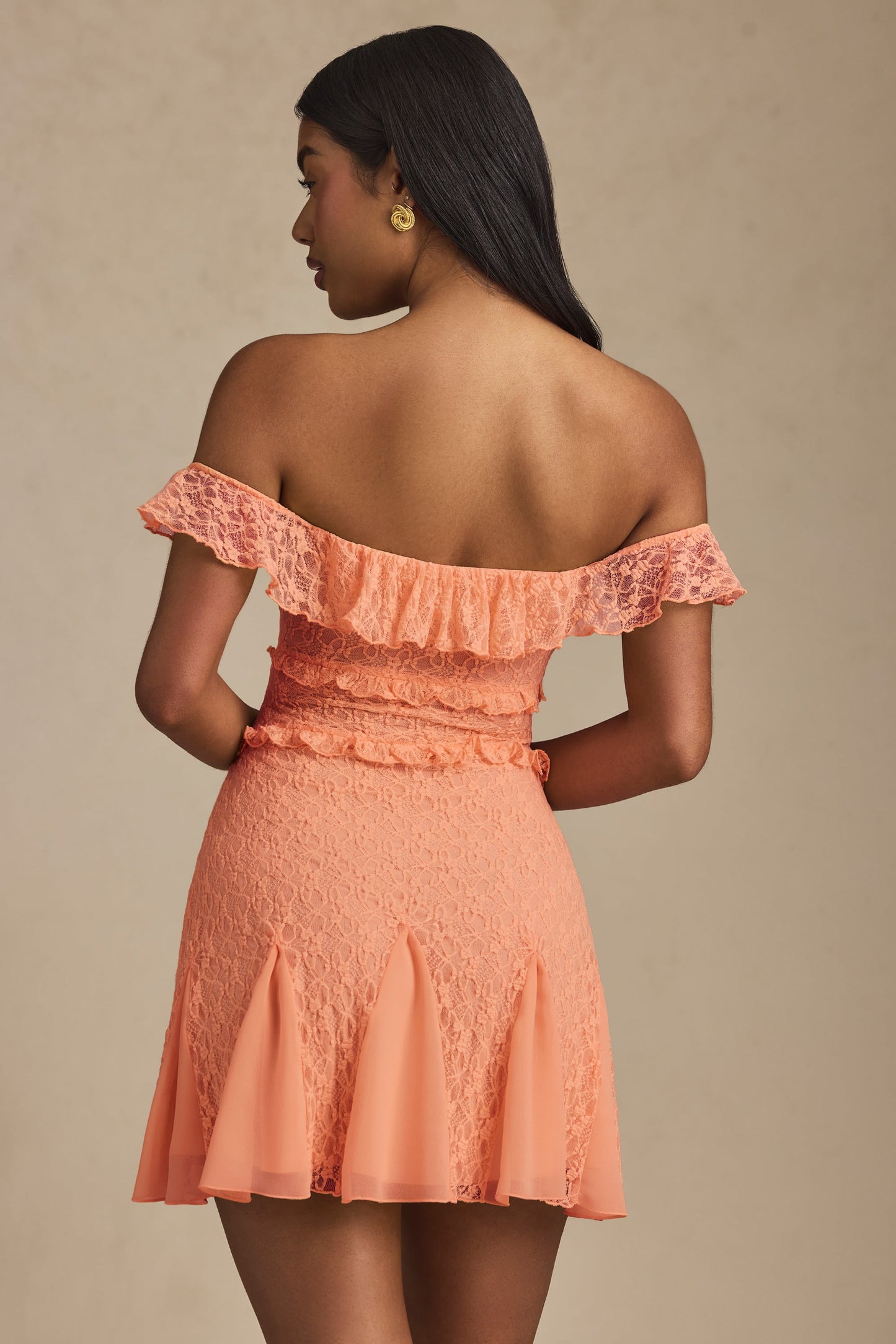 Off-Shoulder Lace A-Line Mini Dress in Peach