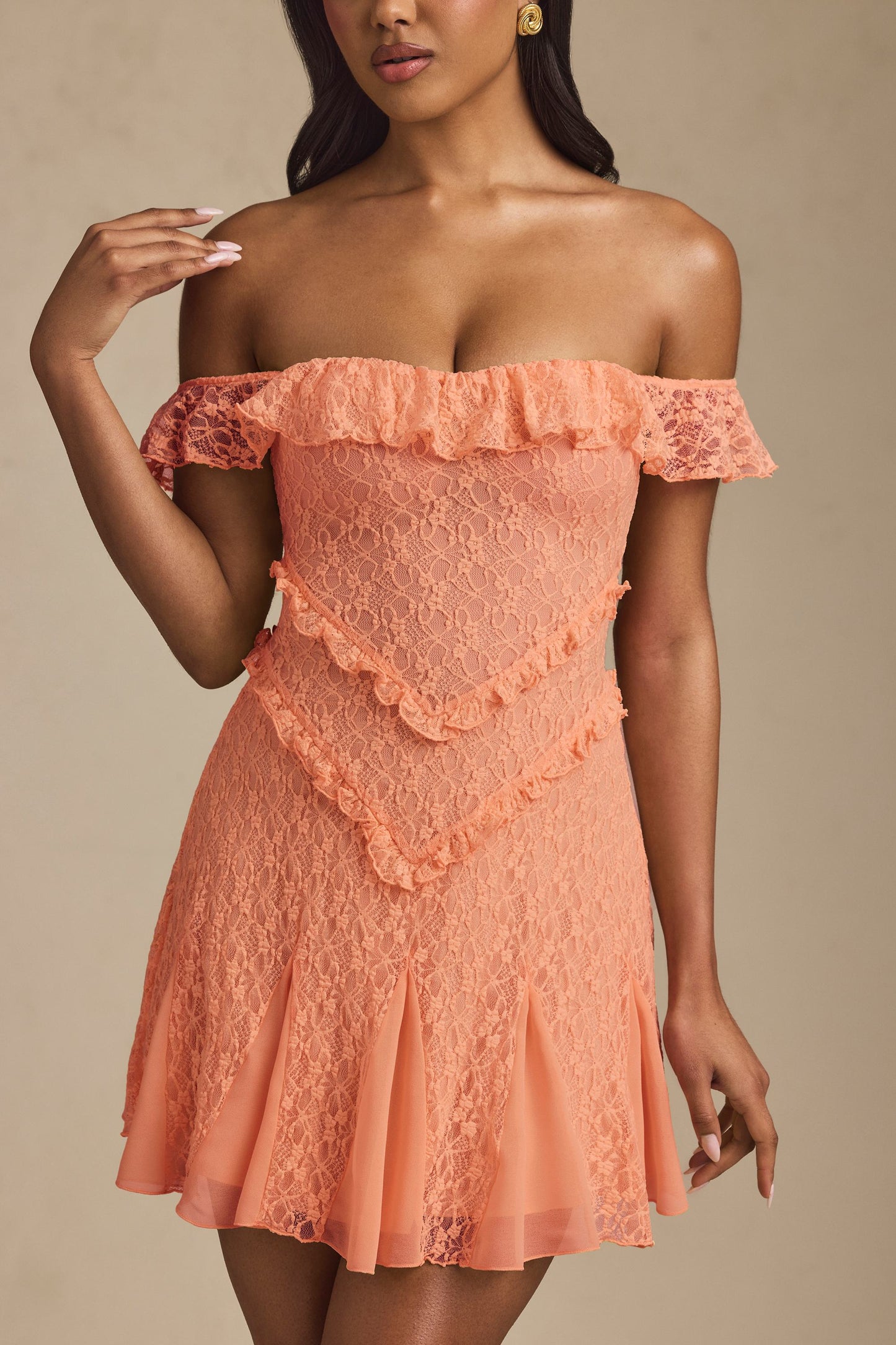 Off-Shoulder Lace A-Line Mini Dress in Peach