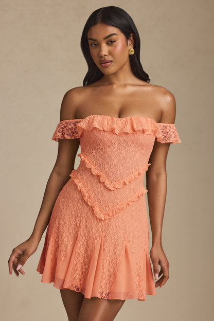 Off-Shoulder Lace A-Line Mini Dress in Peach