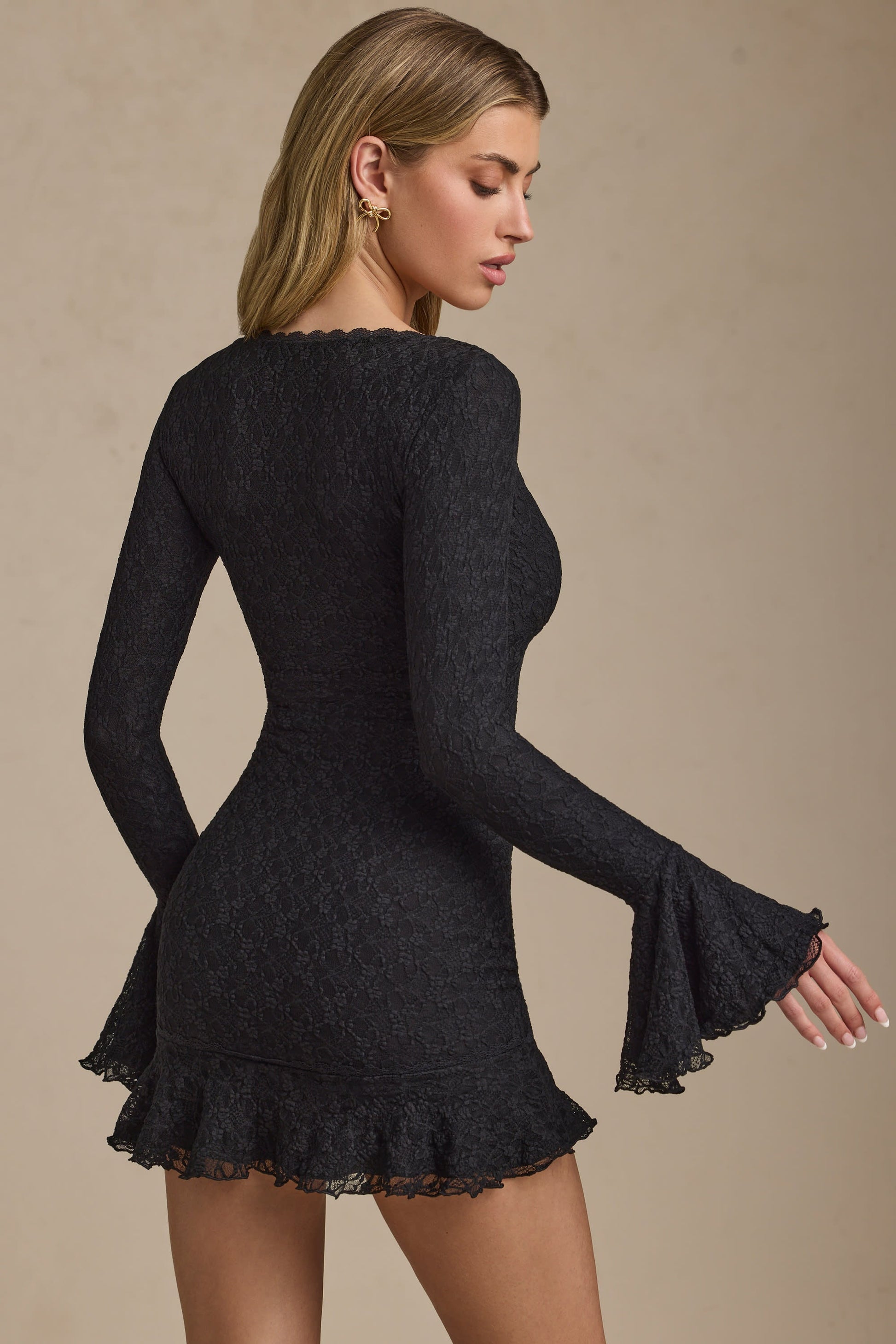 Long-Sleeve Ruffled Lace Mini Dress in Black