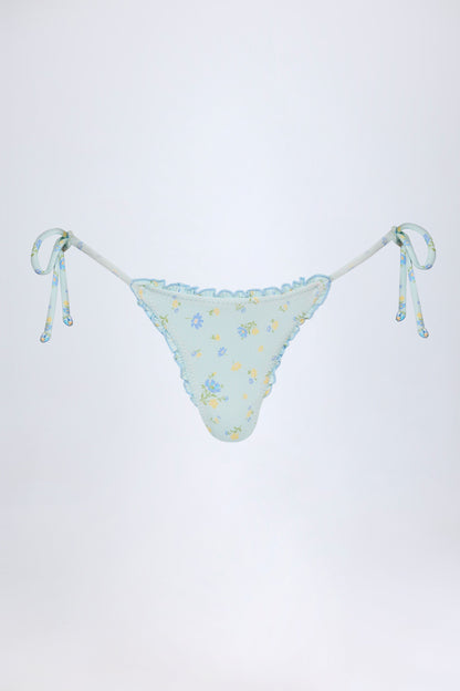 Side-Tie Thong Bikini Bottoms in Blue Floral