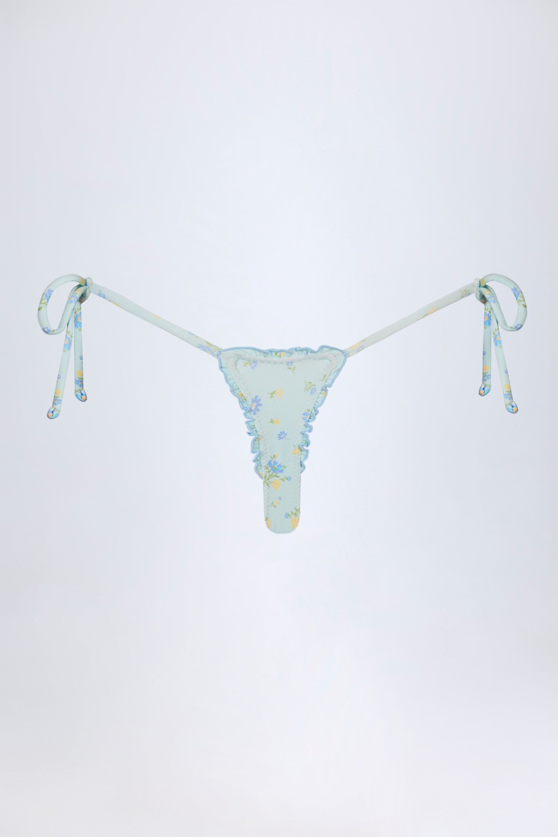 Side-Tie Thong Bikini Bottoms in Blue Floral