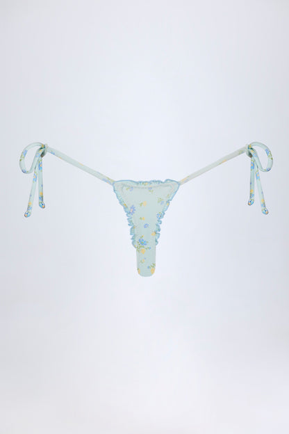 Side-Tie Thong Bikini Bottoms in Blue Floral