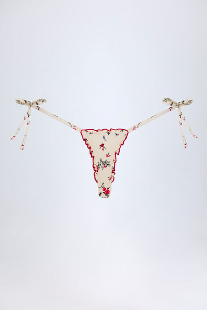 Side-Tie Thong Bikini Bottoms in Red Floral