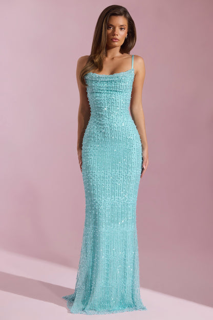 Embellished Cowl-Neck Backless Maxi Dress in Aqua Blue