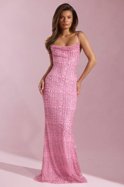 Embellished Cowl-Neck Backless Maxi Dress in Pink