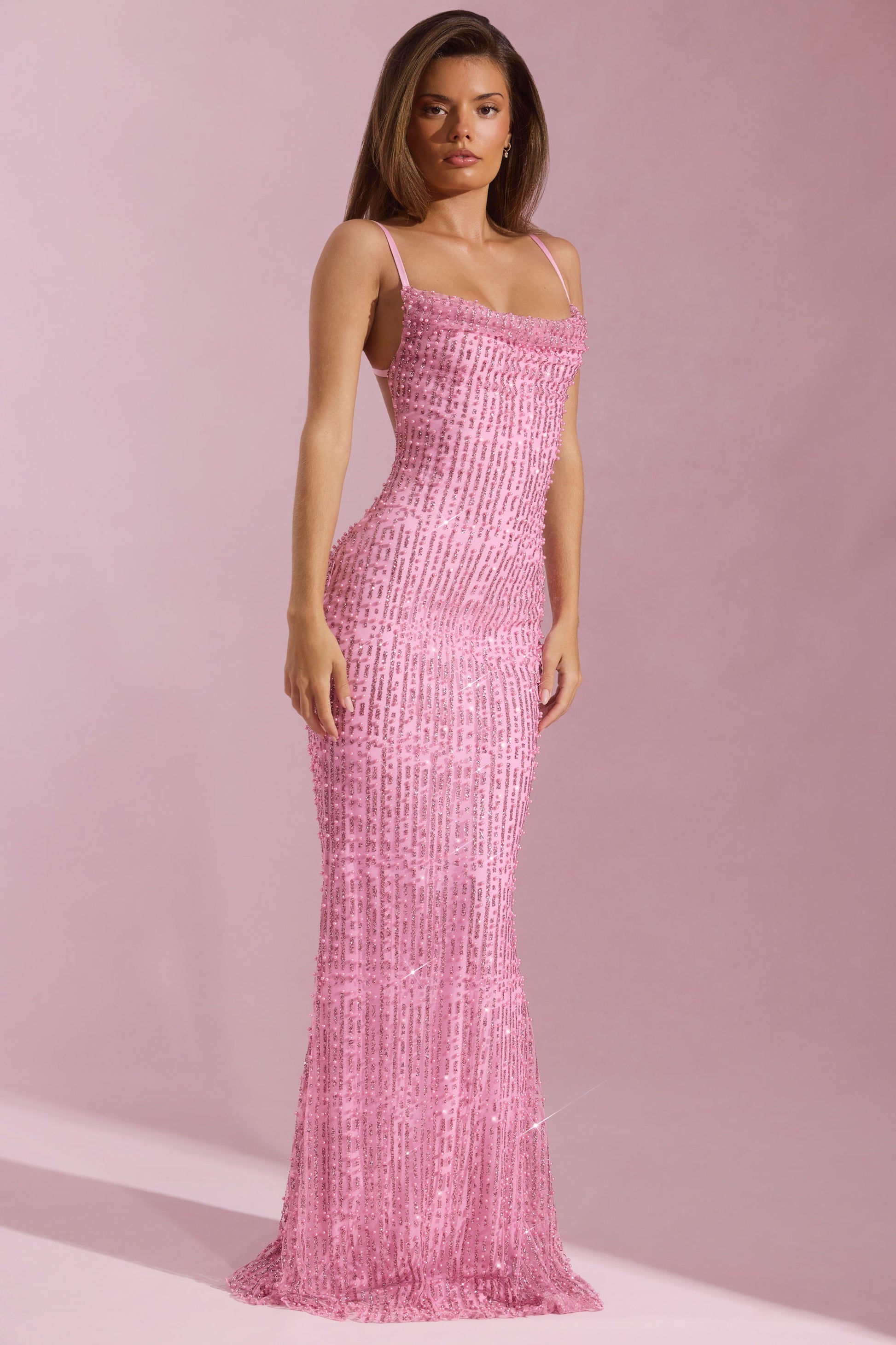 Embellished Cowl-Neck Backless Maxi Dress in Pink