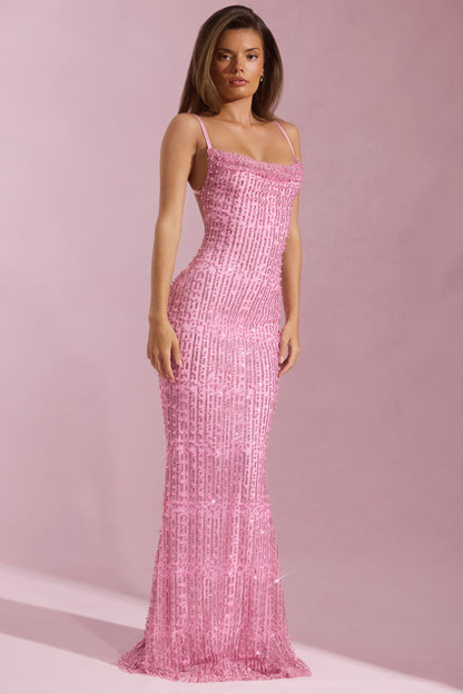 Embellished Cowl-Neck Backless Maxi Dress in Pink