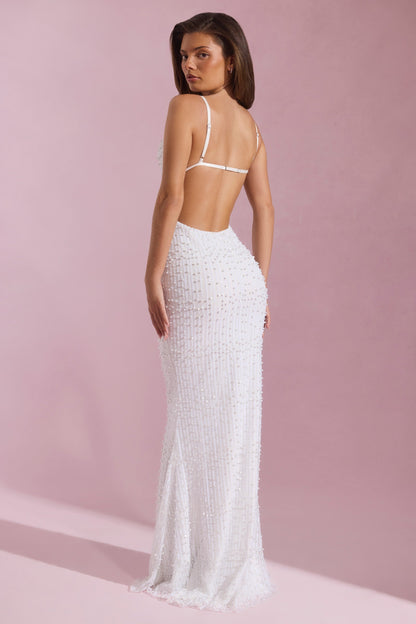 Embellished Cowl-Neck Backless Maxi Dress in White