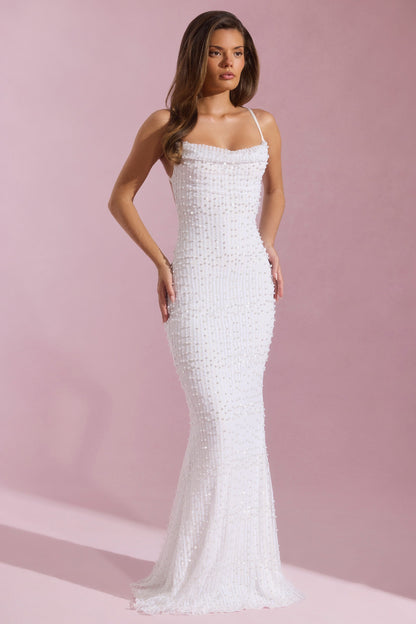 Embellished Cowl-Neck Backless Maxi Dress in White