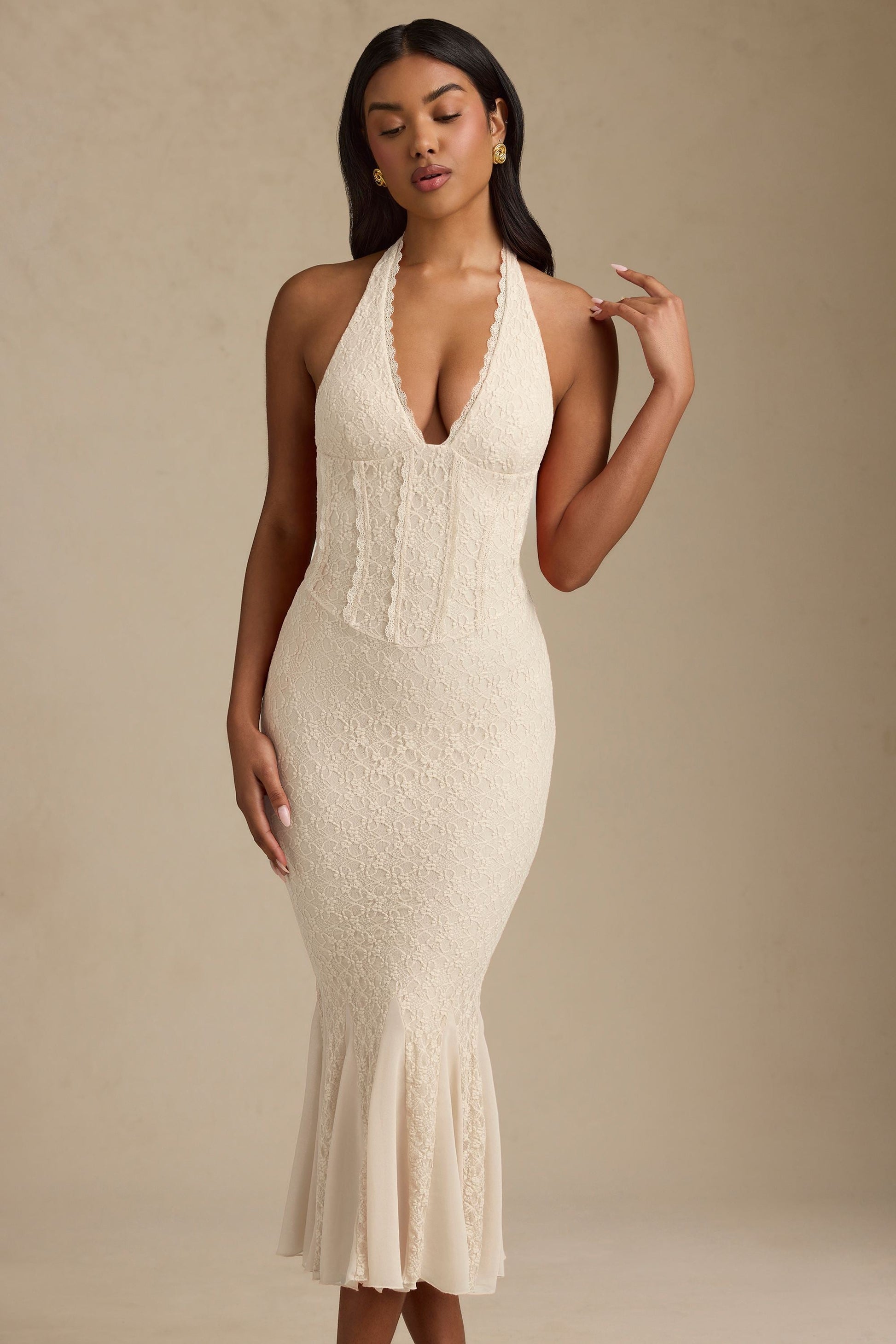 Halterneck Corset Lace Midaxi Dress in Ivory