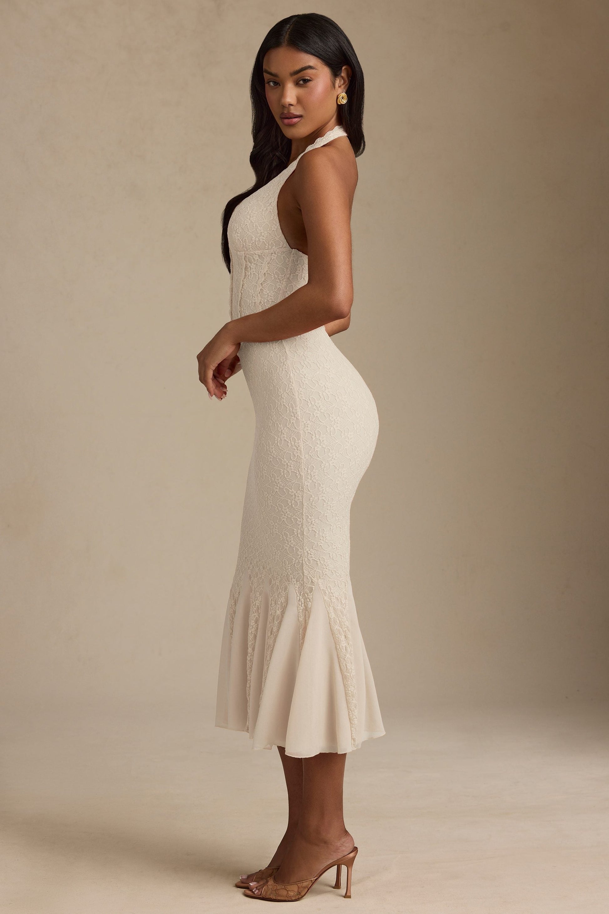 Halterneck Corset Lace Midaxi Dress in Ivory