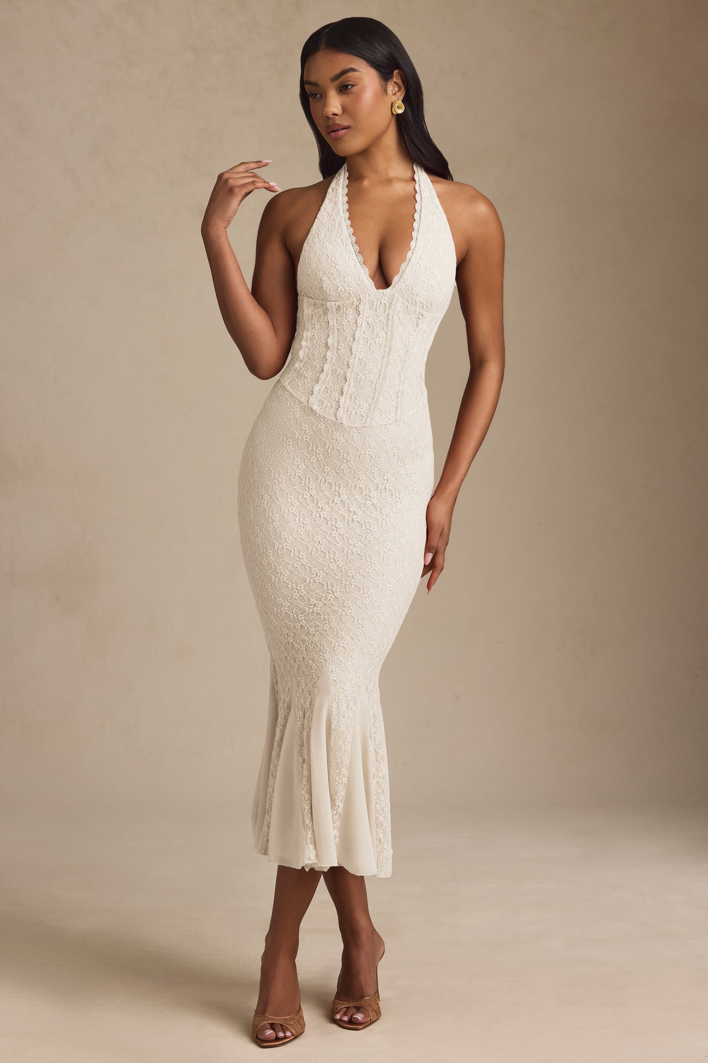 Halterneck Corset Lace Midaxi Dress in Ivory