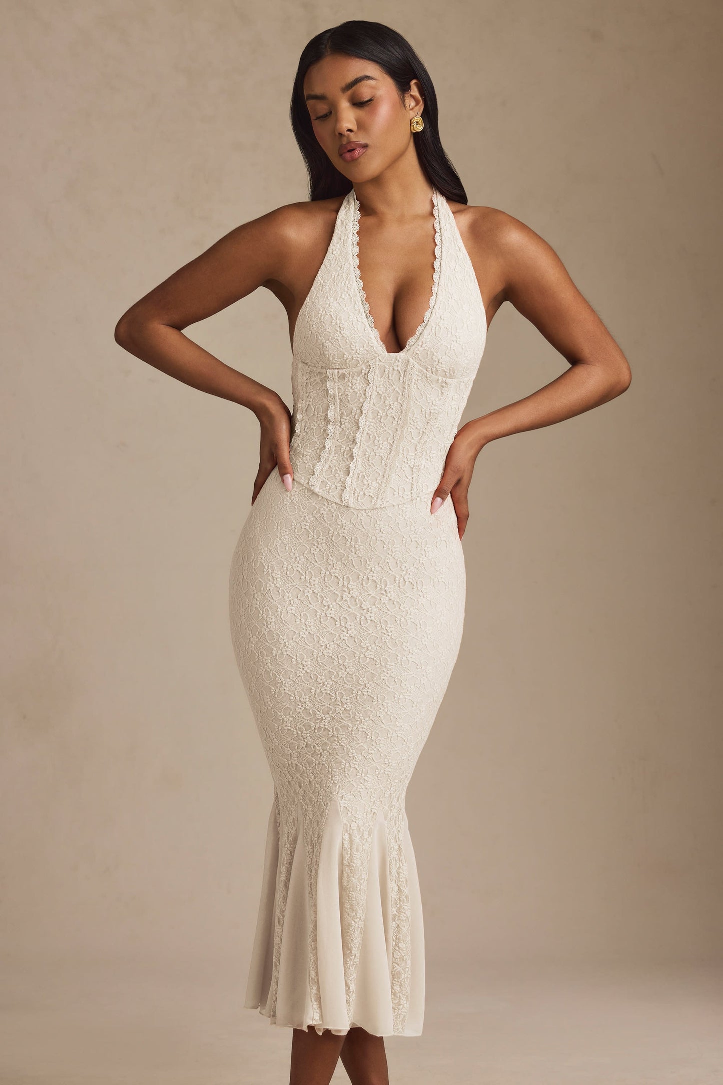 Halterneck Corset Lace Midaxi Dress in Ivory
