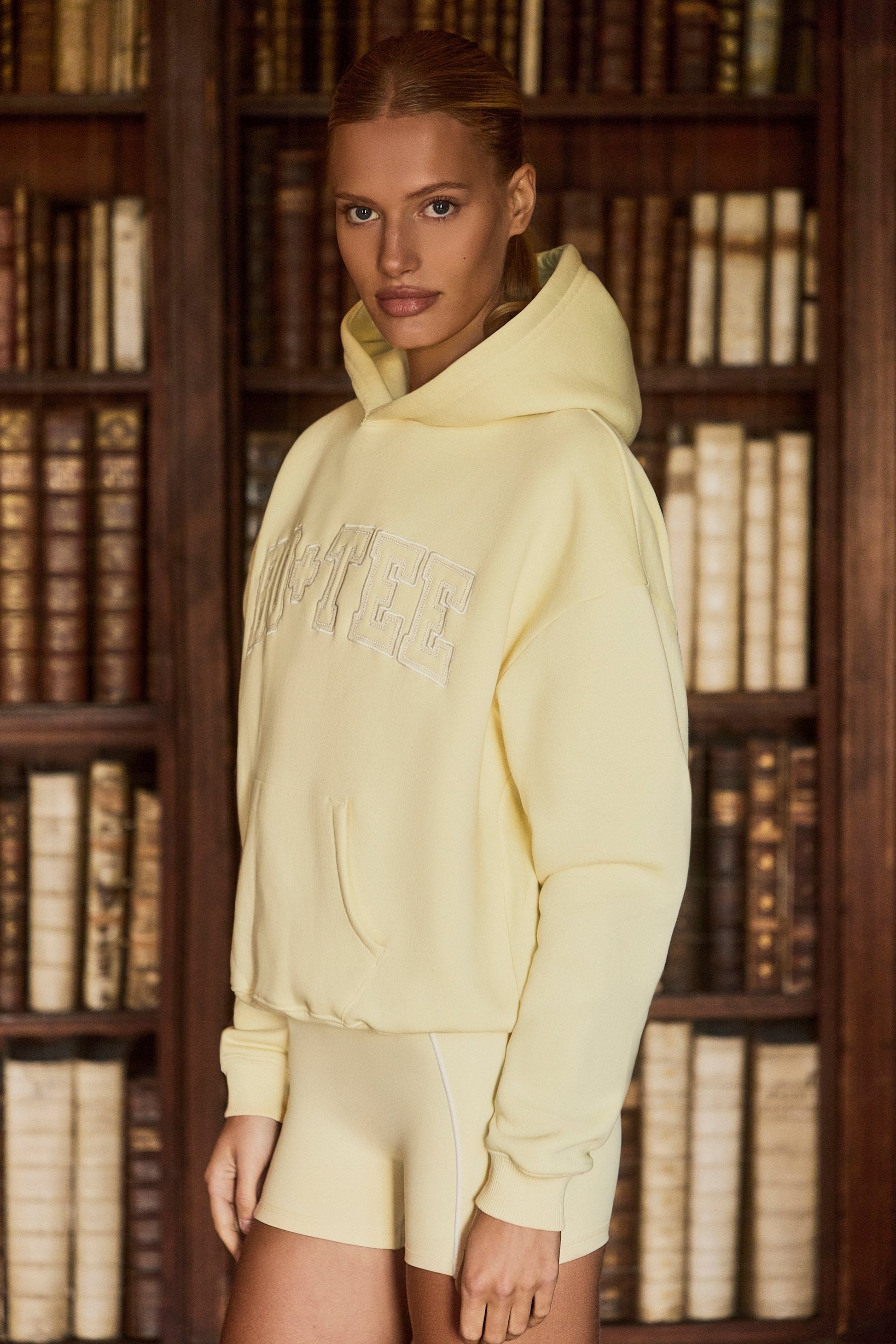 Oversized Appliqué Hoodie in Soft Yellow