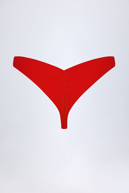 Embellished Ruched Cheeky Bikini Bottoms in Fiery Red
