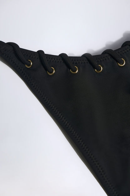 Drawstring Thong Bikini Bottoms in Black
