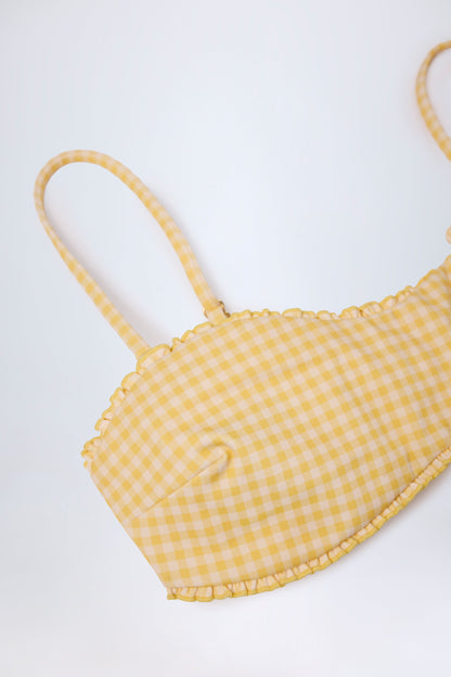 Ruffled Bandeau Bikini Top in Yellow Gingham
