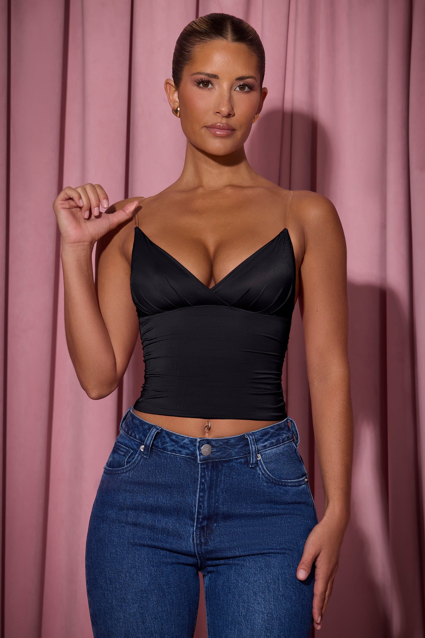 Ruched Plunge-Neck Camisole Top in Black