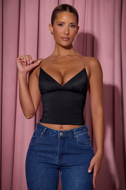 Ruched Plunge-Neck Camisole Top in Black