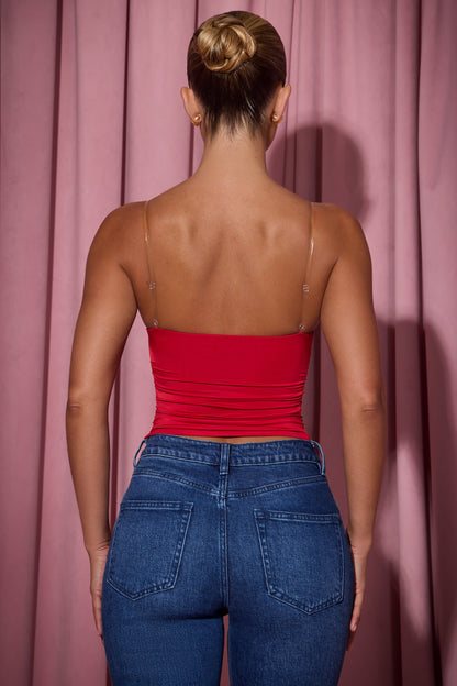 Ruched Plunge-Neck Camisole Top in Red