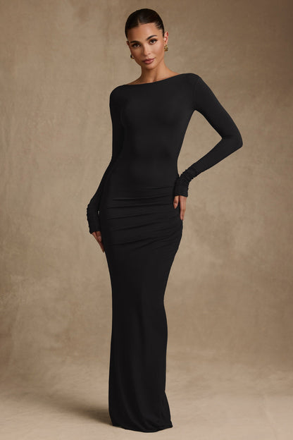Modal Ruched Backless Maxi Dress in Black