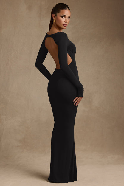 Modal Ruched Backless Maxi Dress in Black