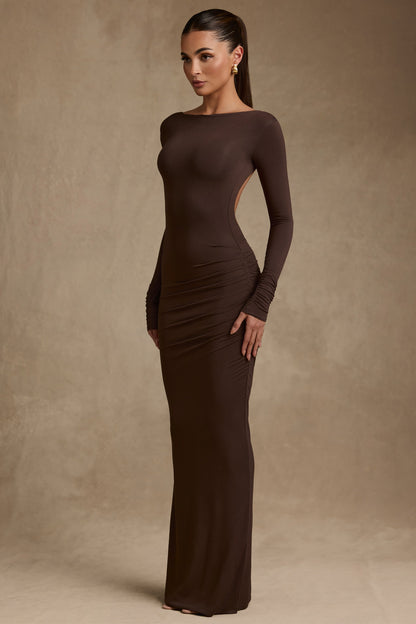 Modal Ruched Backless Maxi Dress in Chocolate Brown