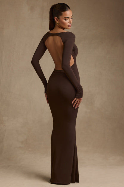 Modal Ruched Backless Maxi Dress in Chocolate Brown