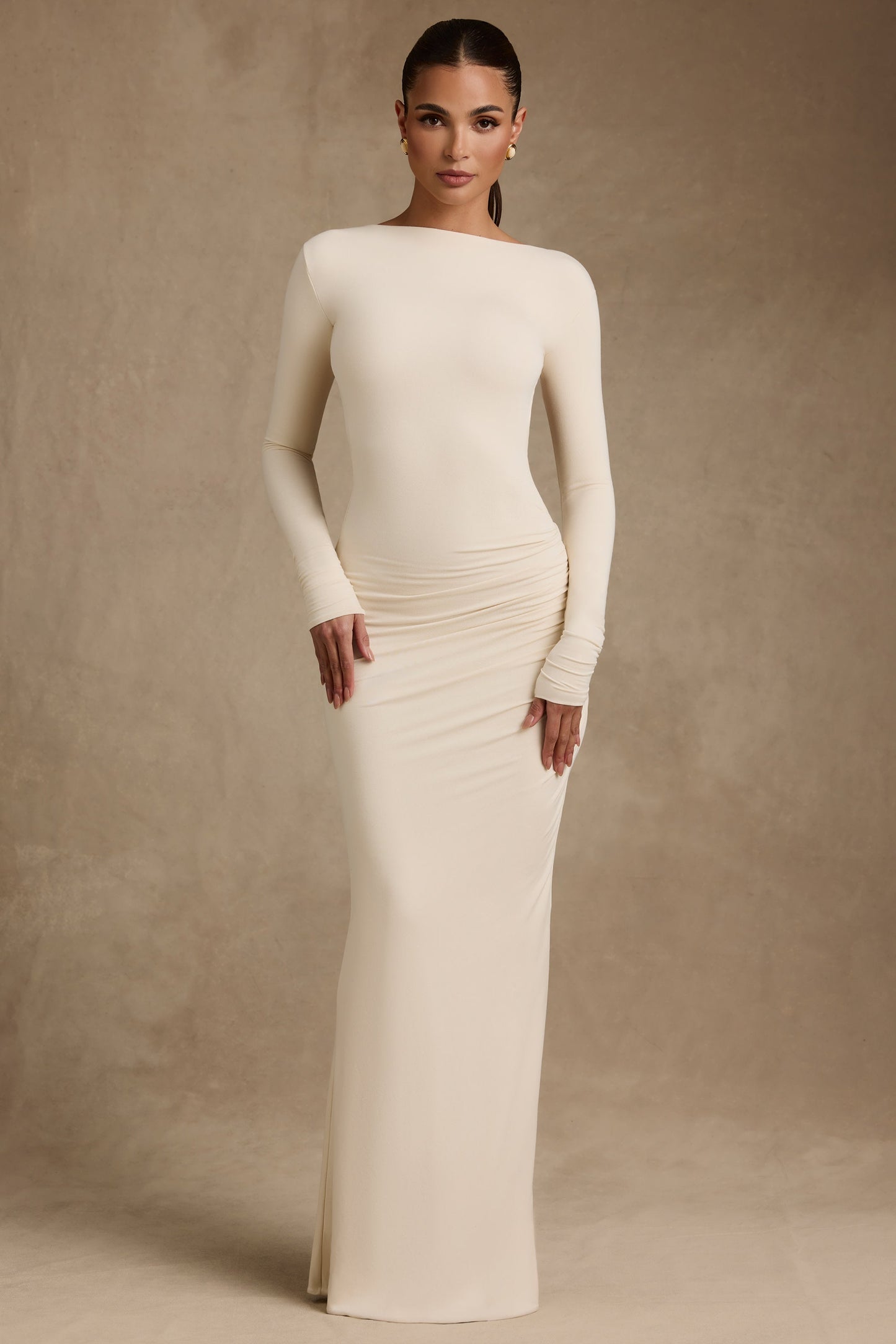 Modal Ruched Backless Maxi Dress in Ivory