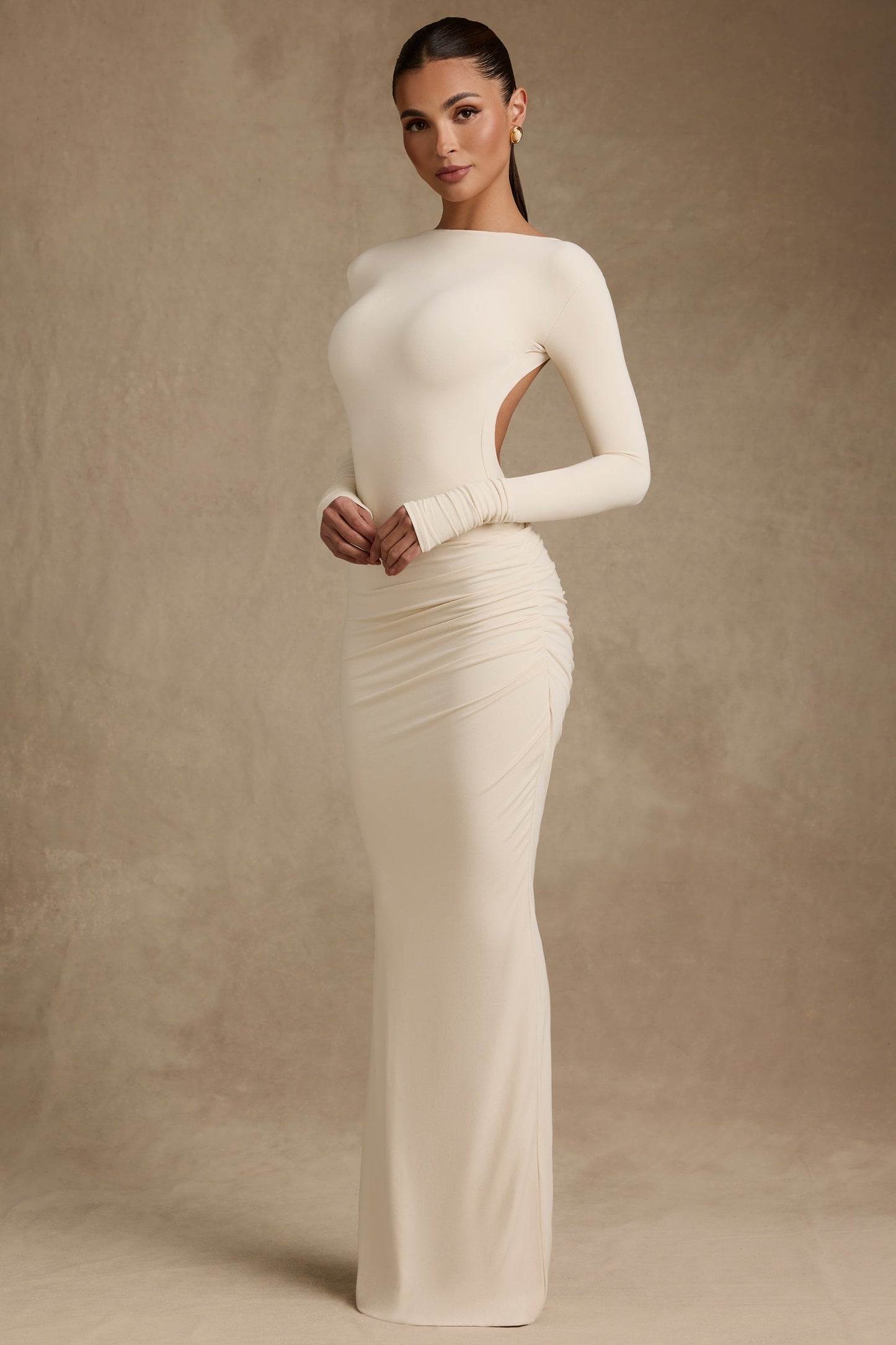 Modal Ruched Backless Maxi Dress in Ivory