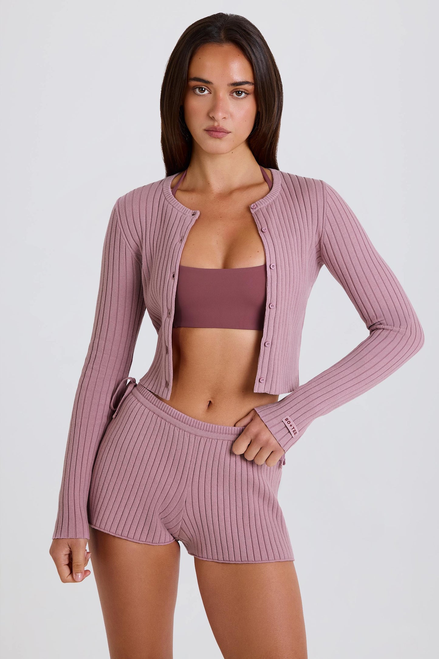 Ribbed-Knit Button-Up Cardigan in Mauve