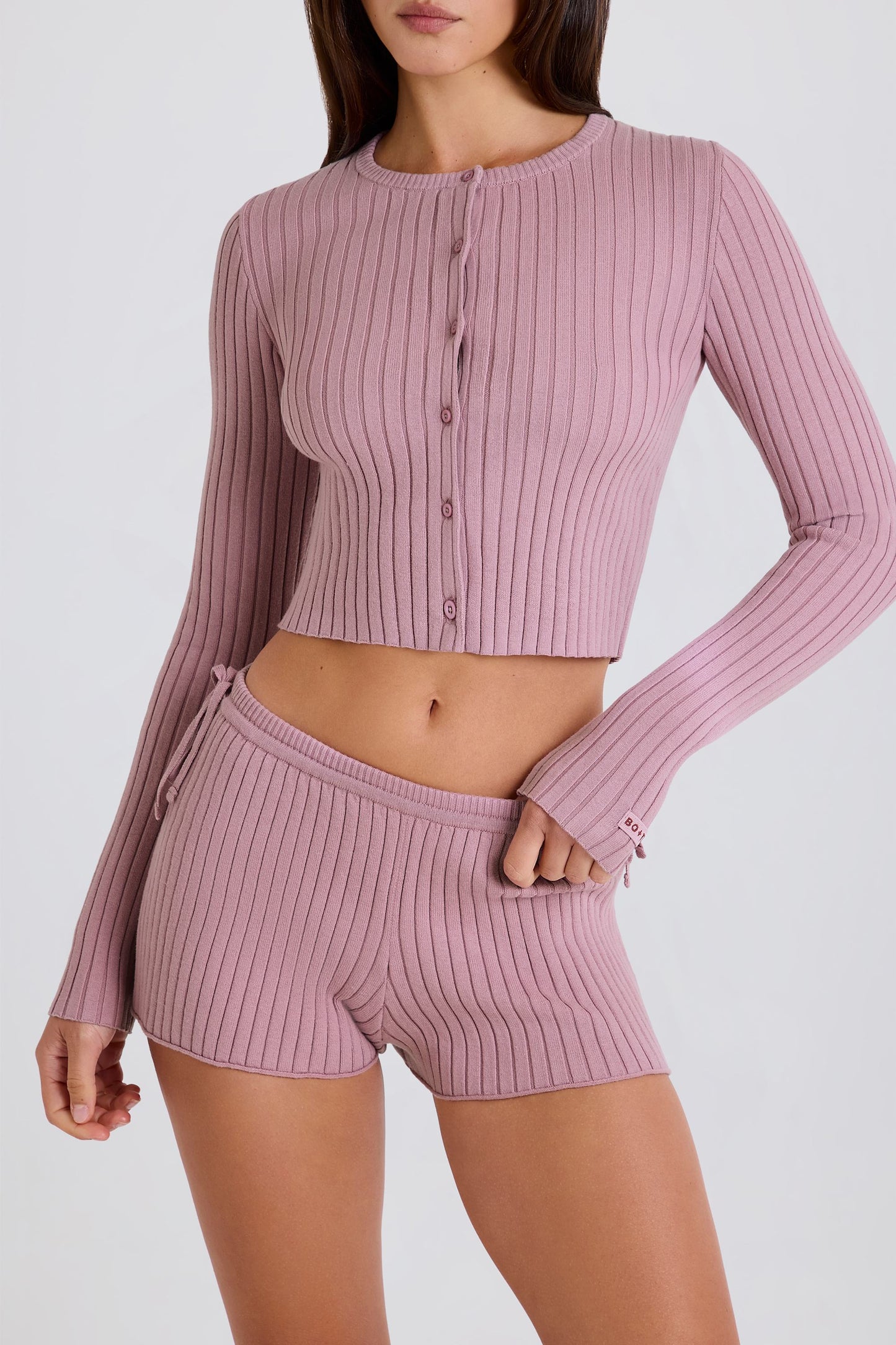 Ribbed-Knit Button-Up Cardigan in Mauve