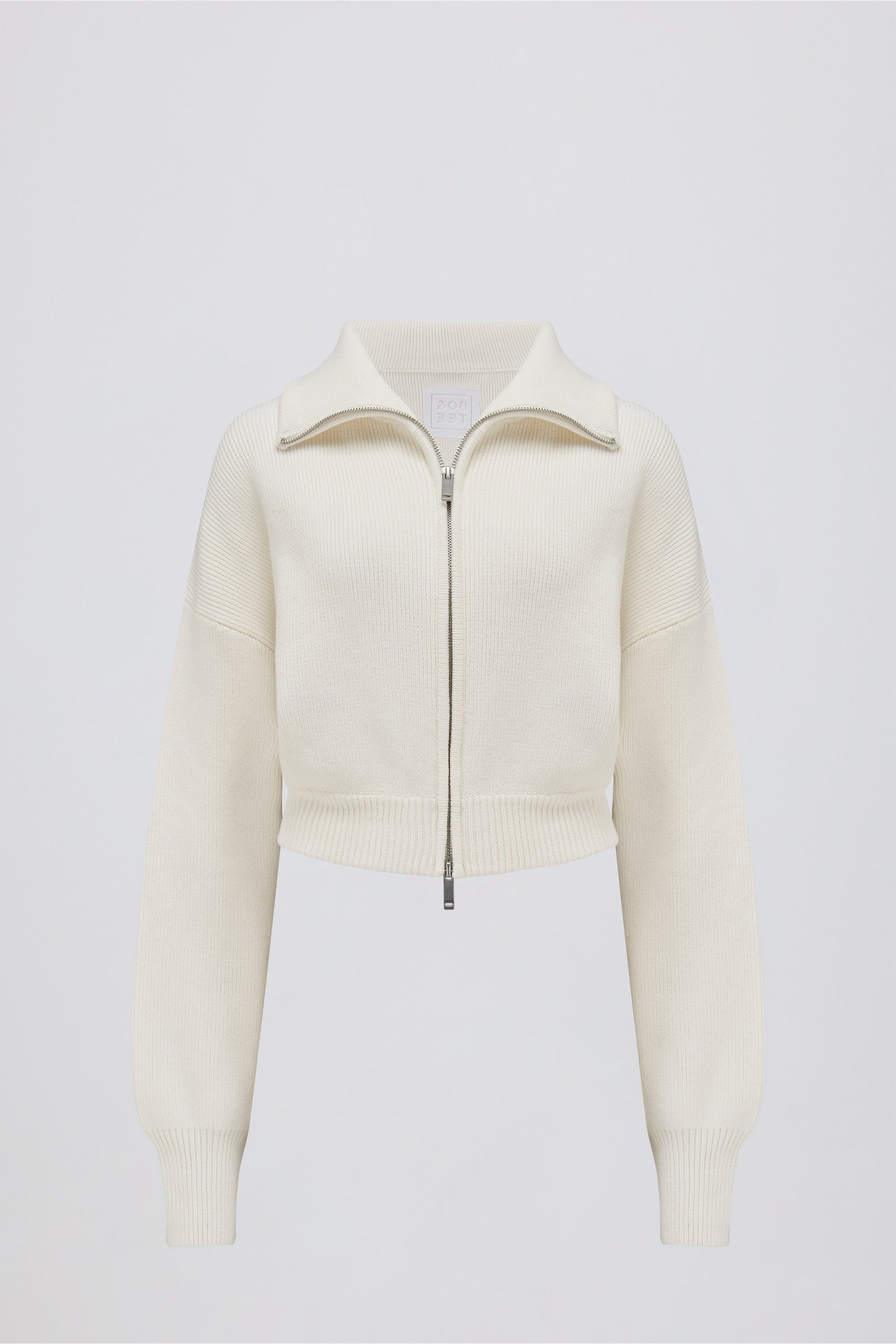 Ribbed-Knit Cropped Zip-Up Sweatshirt in Ivory