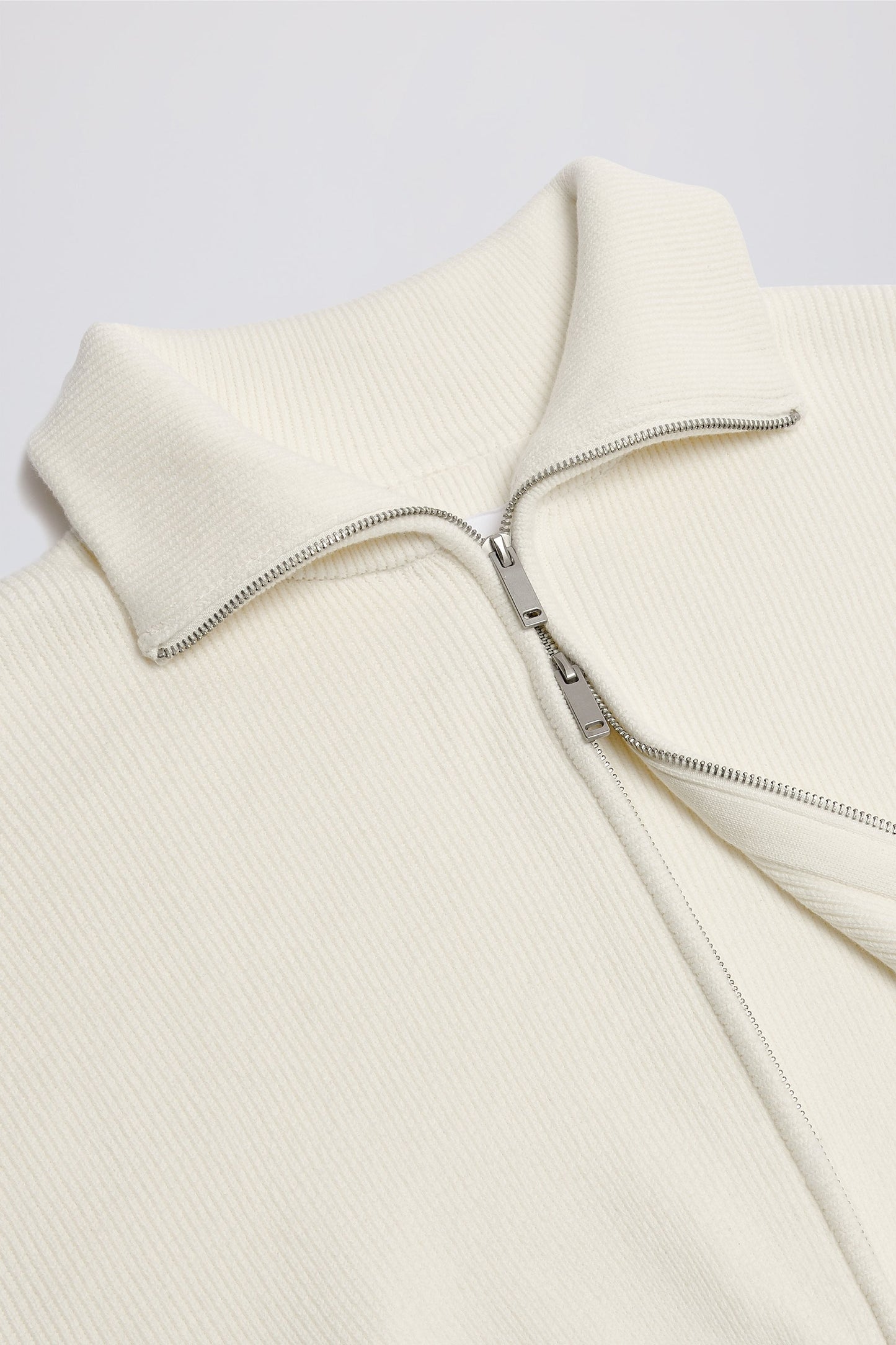 Ribbed-Knit Cropped Zip-Up Sweatshirt in Ivory