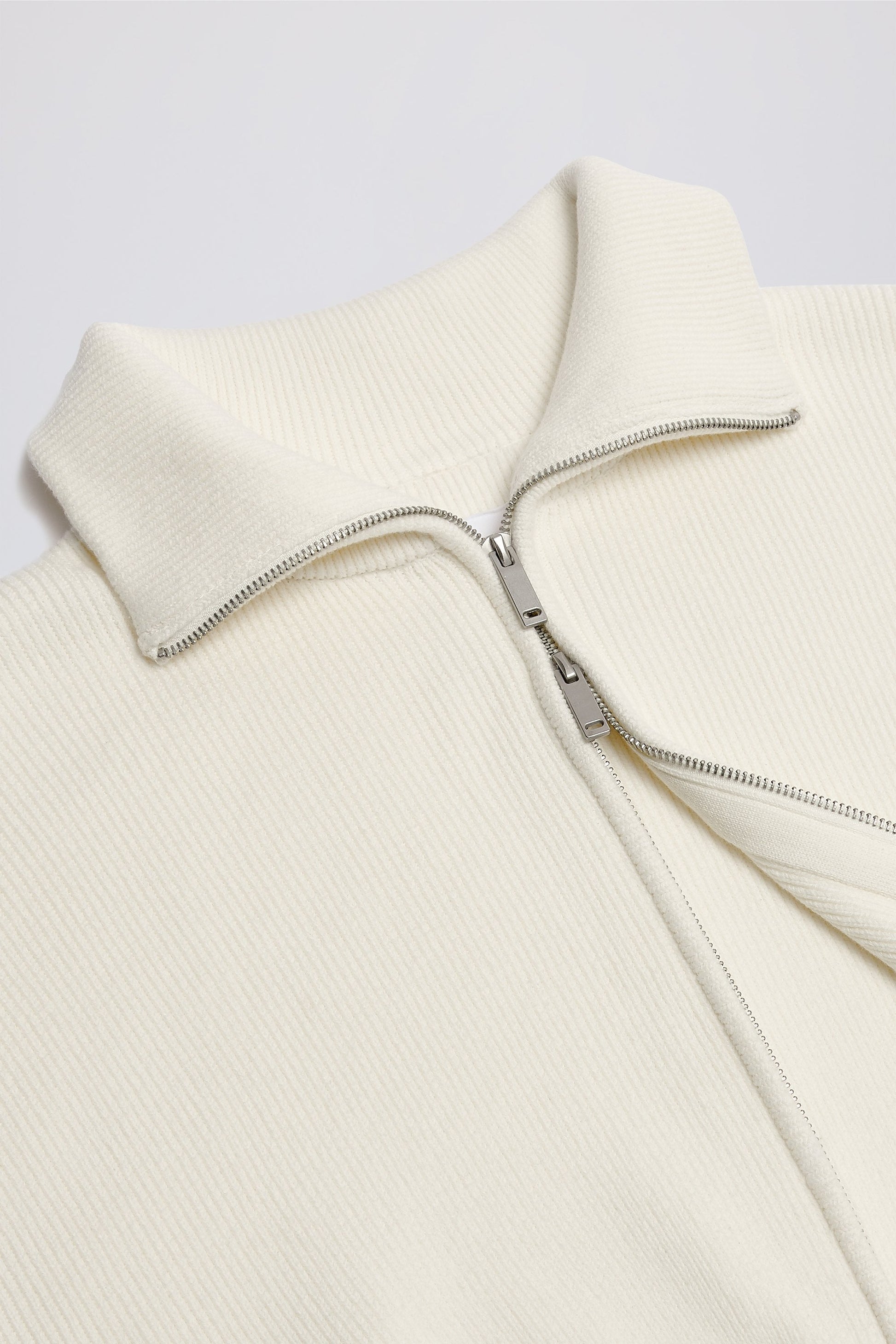 Ribbed-Knit Cropped Zip-Up Sweatshirt in Ivory