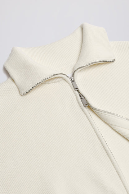 Ribbed-Knit Cropped Zip-Up Sweatshirt in Ivory