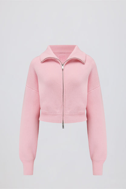 Ribbed-Knit Cropped Zip-Up Sweatshirt in Pale Pink
