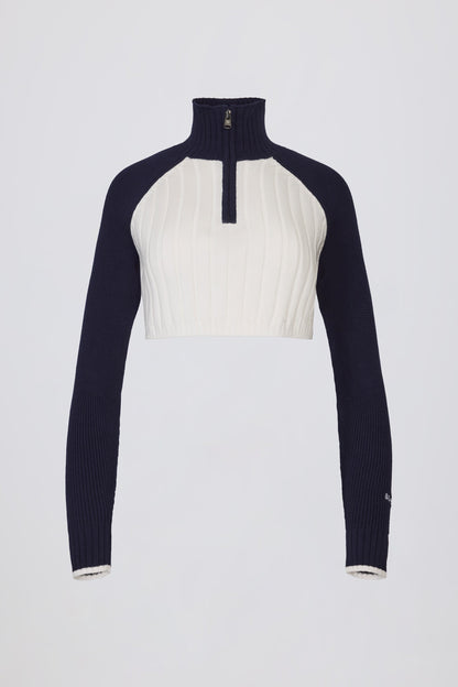 Ribbed-Knit Quarter-Zip Cropped Jumper in Classic Navy