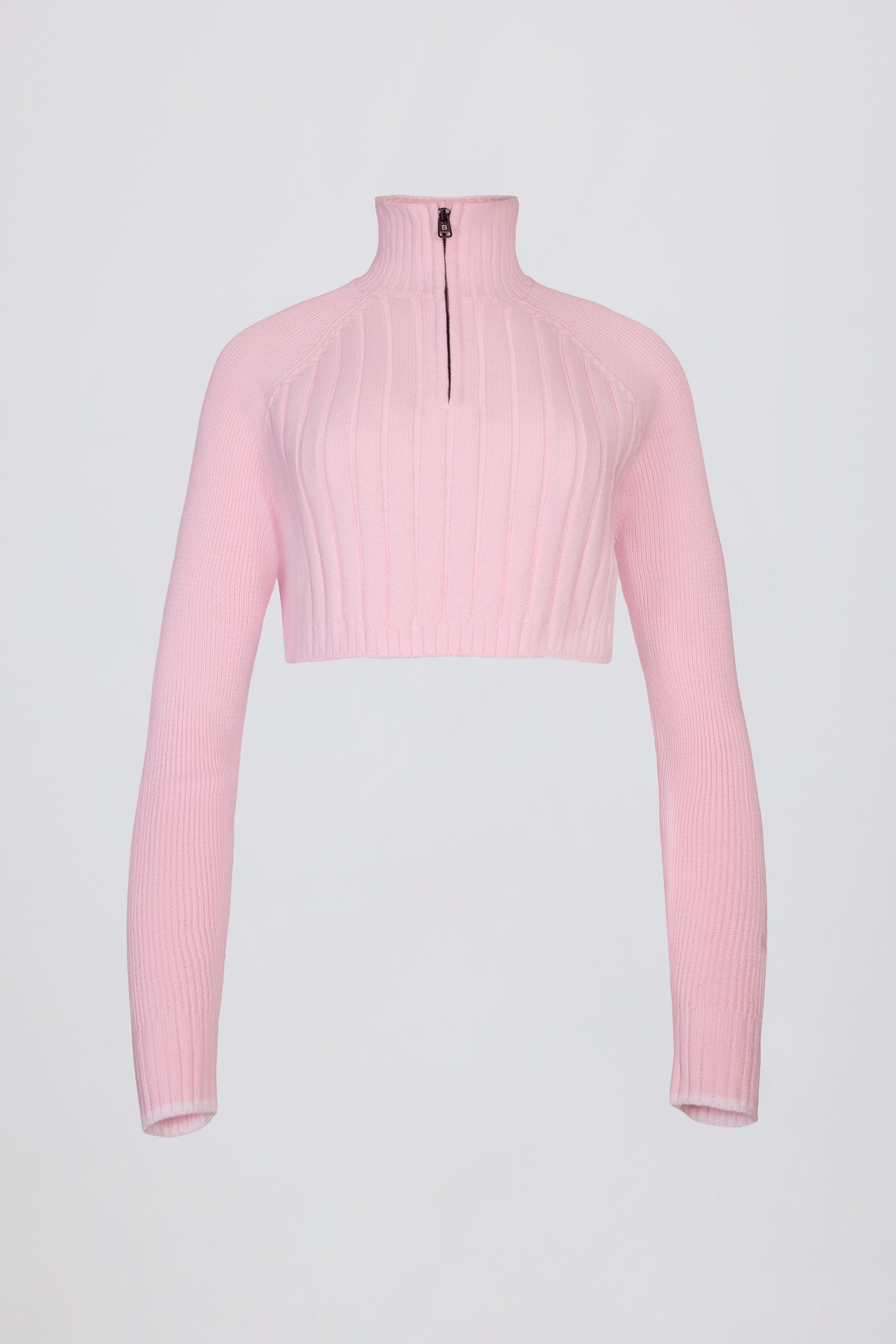 Ribbed-Knit Quarter-Zip Cropped Jumper in Powder Pink