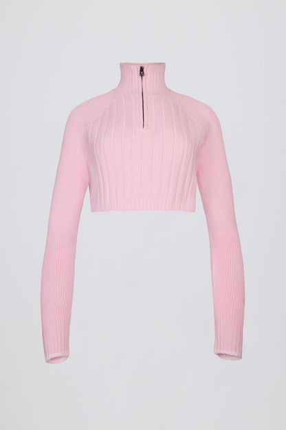 Ribbed-Knit Quarter-Zip Cropped Jumper in Powder Pink