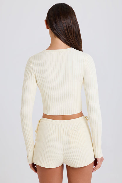 Ribbed-Knit Tie Mini Shorts in Cream