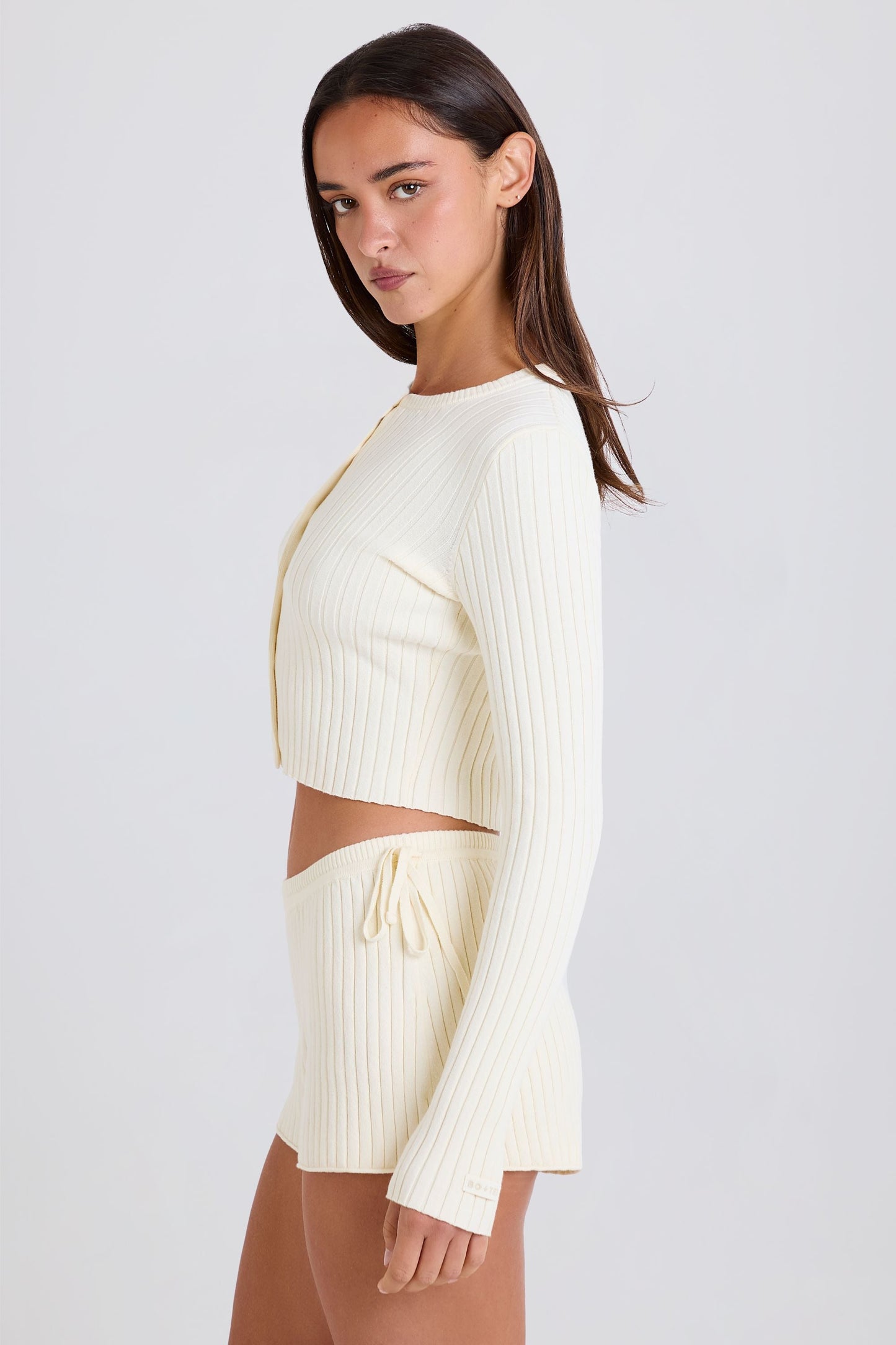 Ribbed-Knit Tie Mini Shorts in Cream