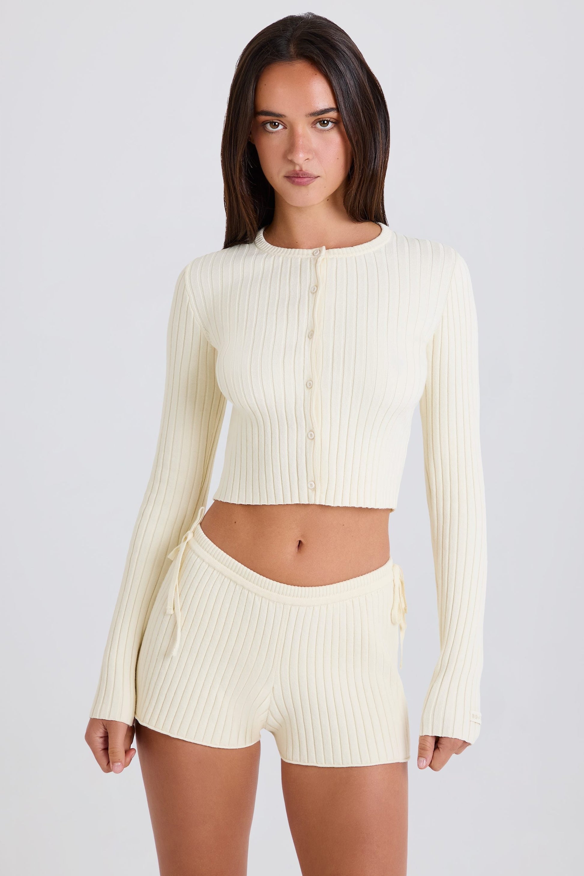 Ribbed-Knit Tie Mini Shorts in Cream