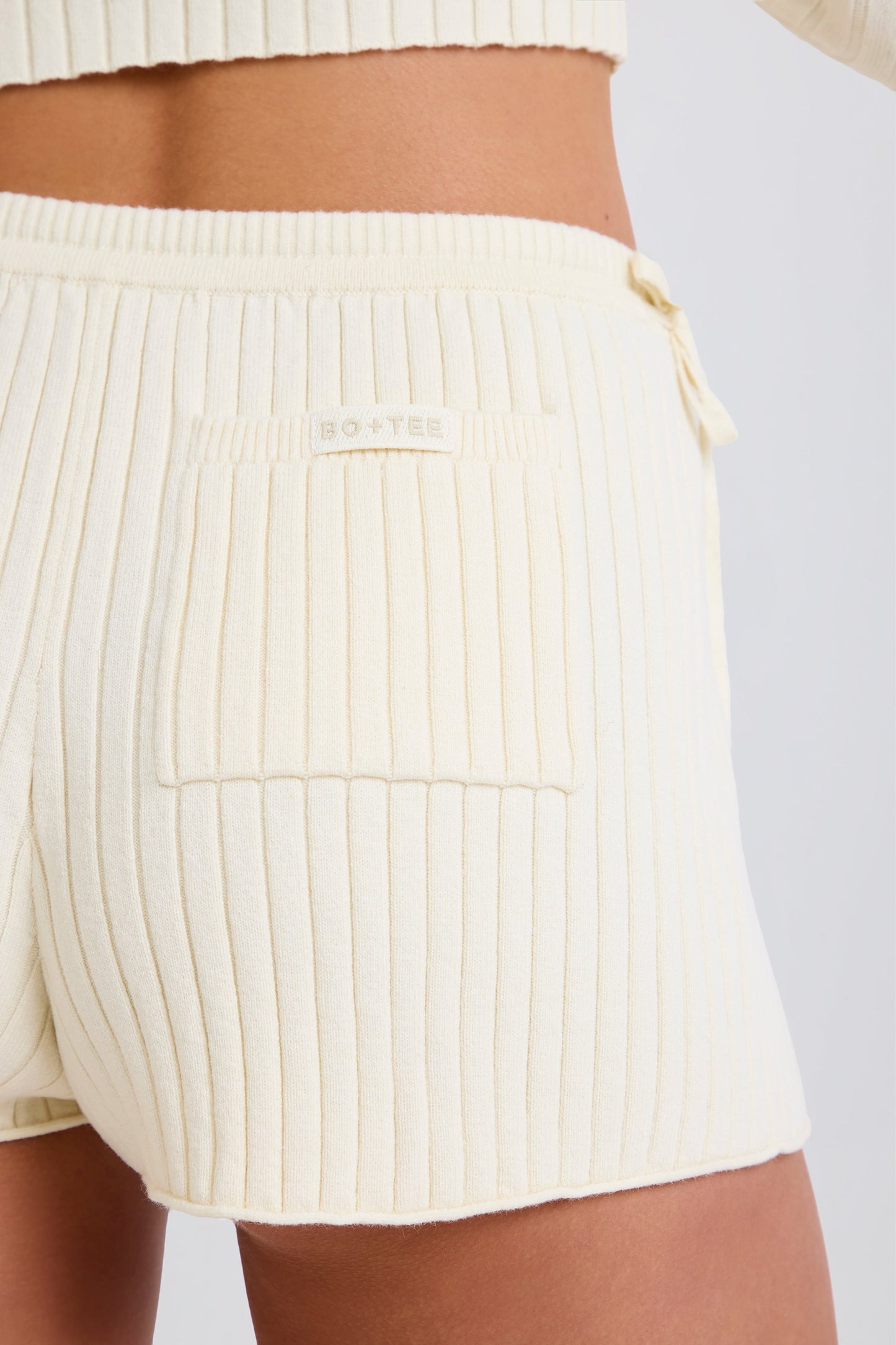 Ribbed-Knit Tie Mini Shorts in Cream