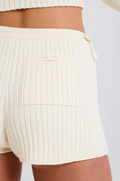 Ribbed-Knit Tie Mini Shorts in Cream