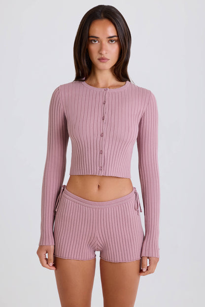 Ribbed-Knit Tie Mini Shorts in Mauve