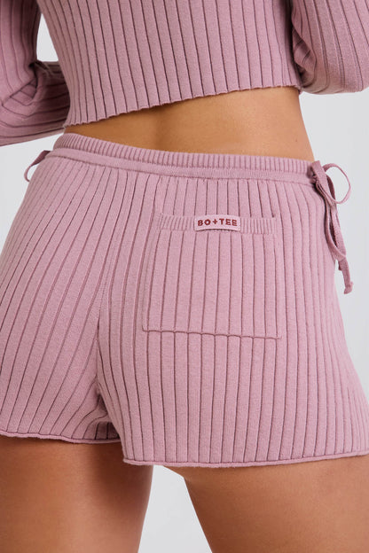 Ribbed-Knit Tie Mini Shorts in Mauve