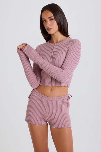 Ribbed-Knit Tie Mini Shorts in Mauve